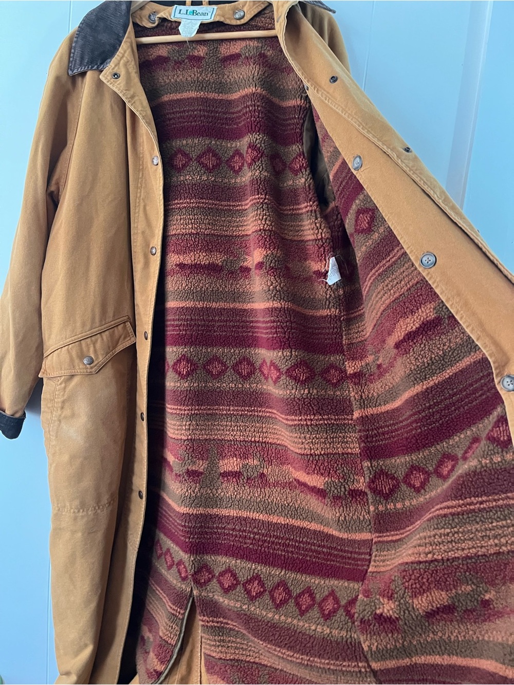 Vintage LL Bean Sherpa Lined Aztec Duster Coat Canvas Chore Rancher Tan Trench - Picture 7 of 16